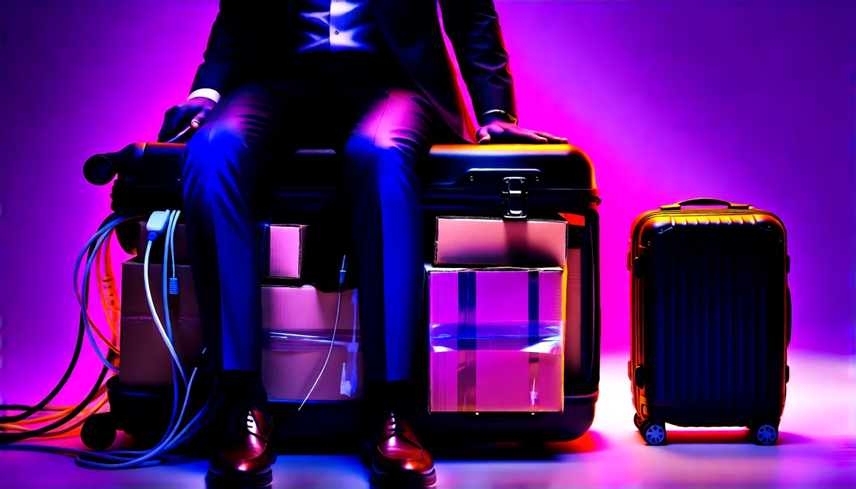 A man in a suit sitting on an overstuffed suitcase to get it closed, with a tidy carry-on bag standing beside it.