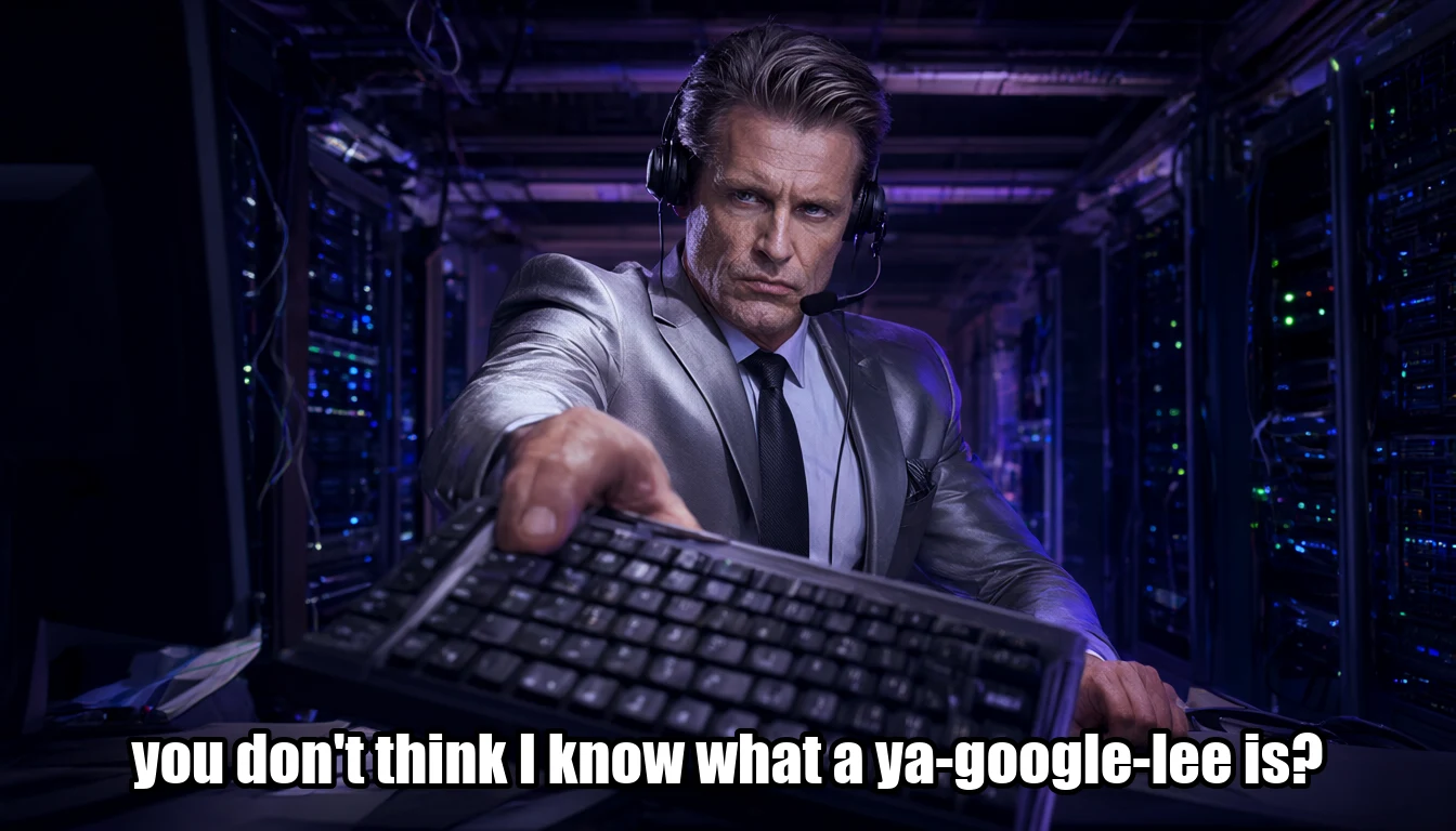 A male model in a silver suit and call-centre headset, in a server room, holding a keyboard out to the camera. Caption: you don't think I know what a ya-google-lee is?